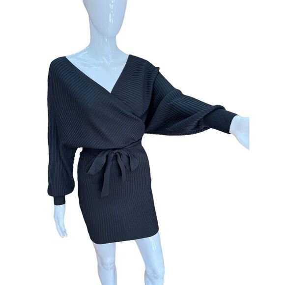 Love Tree Sweater Dress with Sash Belt Black V Neck Off Shoulder Mini Size 2X/3X - Picture 3 of 10